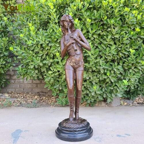 Woman Playing Flute Bronze Statue Cast Bronze Flute Musician Sculpture Female Flute Player Classical Artwork Home Decor Collect