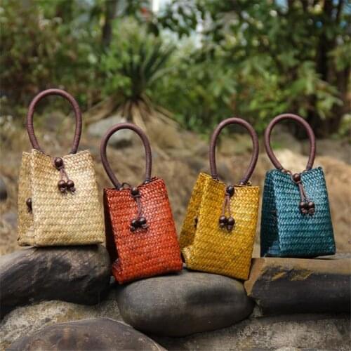 12x15CM Retro Japanese Handmade Straw Bag Mini Knitting Women Tea Ceremony Storage Knitting Handbag a6100