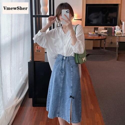 VmewSher New Sweet Women Midi Denim Skirt High Waist A-line Bow Split Hem Jean Skirt Casual Spring Summer Lady Elegant Skirts