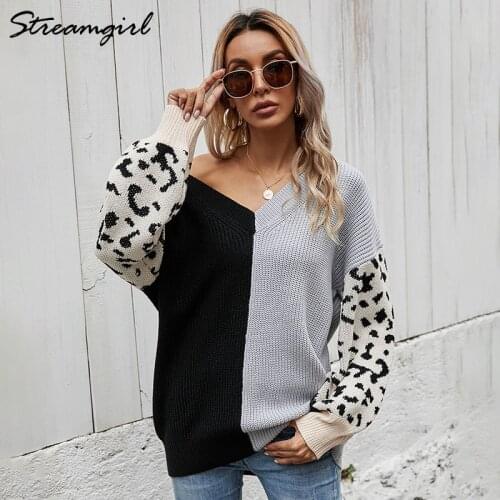 Oversized Leopard Print Sweater Patchwork Women y2k Winter Knitted V Neck Fashion Pullover Loose Sweaters Leopard Jumper Women