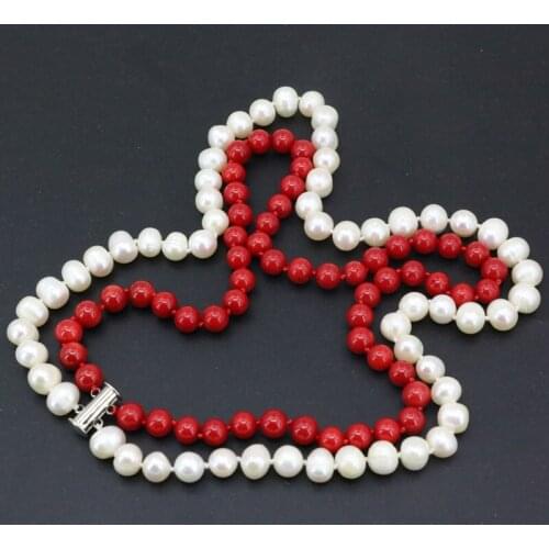 Women fashion 2 rows necklace white natural freshwawter pearl 8-9mm beads red coral 7mm chain elagant diy jewelry 18-19" B3454