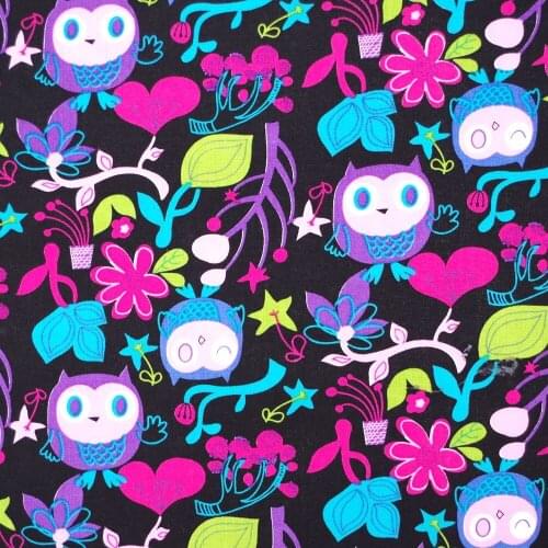 1 yard Cotton Woven Cartoon Fabric, Owls,leave and flower (width=140cm)