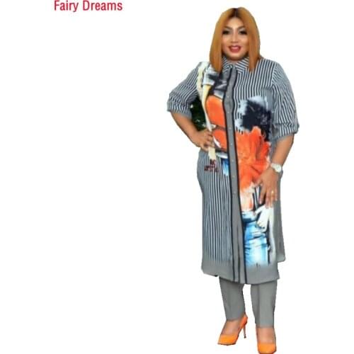 African Womens Shirt Pants Suit Two-Piece Linen Fashion Digital Printing Rhinestone Ladies Clothes Vetement Femme 2021