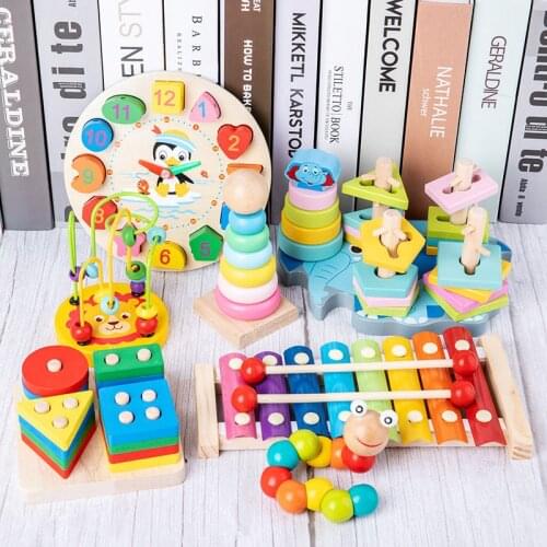 Montessori Wooden Toys Childhood Learning Toys Children Kids Baby Colorful Wooden Blocks Enlightenment Educational Toys Puzzle