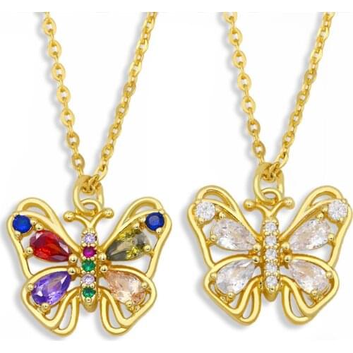 FLOLA Multicolor Butterfly Necklace For Women White Stone Pendant Necklace Colorful CZ Pave Zirconia Party Jewelry Gifts nkes91