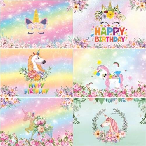 Unicorn Background For Photography Birthday Party Rainbow Flower Balloon Baby Poster Photography Backdrop Cake Table Wall Decor