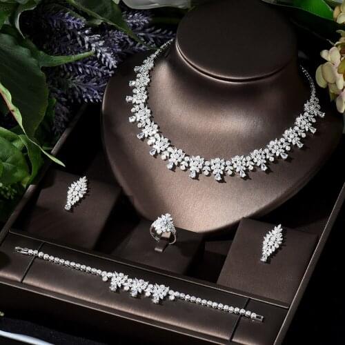 HIBRIDE Romantic 4PCS Leaf Flower Statement Jewelry Set For Women Wedding Party Full Zircon Dubai Bridal Necklace Earring N-752