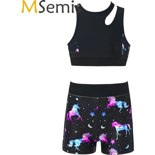 Kids Girls Child Ballet Dancewear Workout Gymnastics Outfits Sport Bra Top Tank Tops Shorts Set Asymmetrical Dance Class Outfits