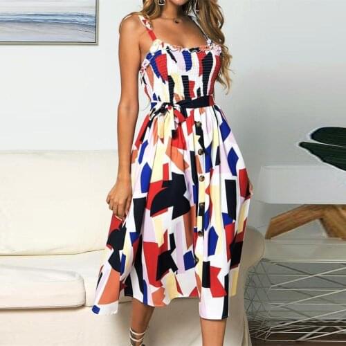 Fashion Women Summer Floral Print Button Bohemia Style Beach Holiday Sling Dress