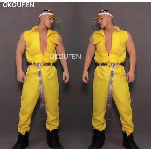 Bar nightclub mens sexy ds yellow one-piece overalls costume theme party show dance wear