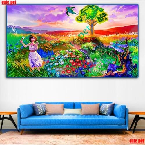 DIY Diamond Painting Girl flying a kite Kits Full square Drill Sunset flower sea Embroidery Cross Stitch Mosaic rhinestone large