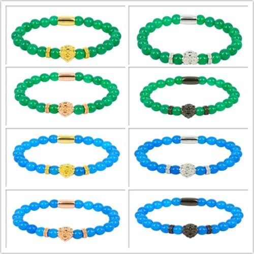 2017 New Design High Quality Natural Blue and Green Color Glass Stone Beads Lion Head Charm Bracelets Friendship Gift
