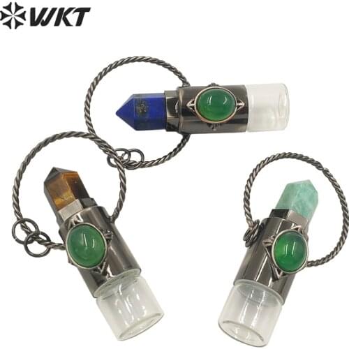 WT-P1686 WKT new Gun black electroplated hexagon pillar point stone essencial oil pendant roller glass bottle perfume bottle