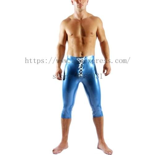 Novelty tight latex cropped pants sexy latex bottoms with front lace-up decorations in metallic blue color for men