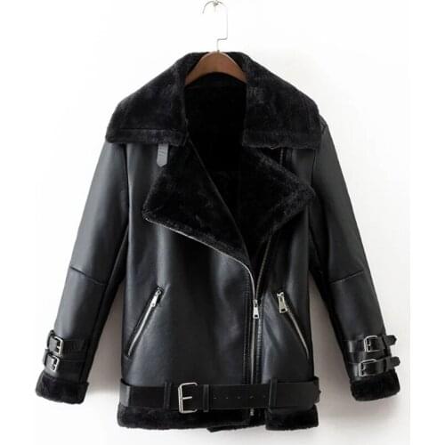 Autumn winter women pu tops casual belted leather outwear fur casual Thicken warm coat punk Lapel lamb wool black Gold jacket