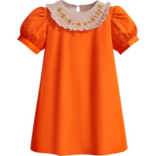 Summer Personalized Petal collar Girls' Dress Puff Sleeve Orange Casual Party Princess Dress Cute Childrens Baby Kids Girls1-6Y