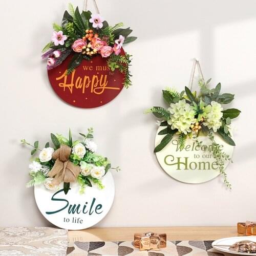 Welcome Sign Door Hanger Artificial Flower Leaf Round Decorative Pendant Garland Adornment Pendant Garland Wedding Door Party