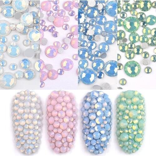Pink White AB Color Opal Jelly Nail Art Rhinestones Flatback Glass Gems Crystals Mix Size Flat Back 3D Nail Tips DIY Decoration