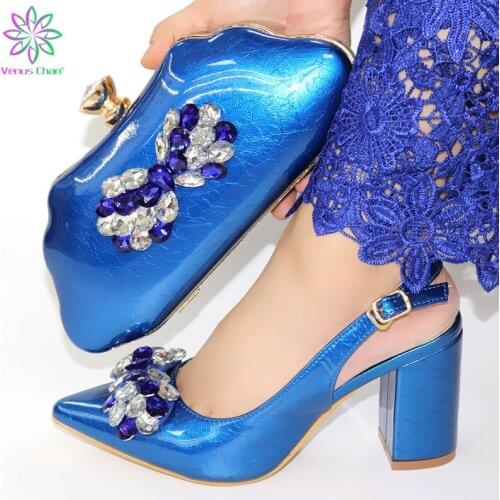 Blue High Heels Shoe and Bag for Wedding Party Italian Matching Shoes and Bag Set for Wedding Decorated with Rhinestones