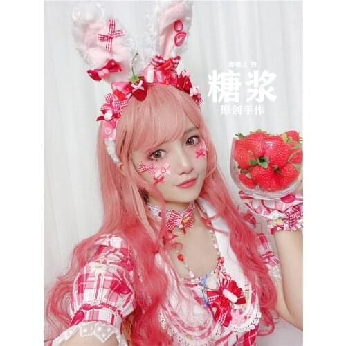 Warm Pink Red Lovely Strawberry Garden Rabbit Ear KC Headband Hair band Headdress Lolita Sweet AP Bow Picnic Hair Hoop Ornaments