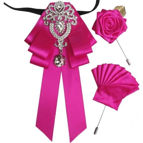 High-end Fashion New Diamond Bow Tie Groomsmen Wedding Collar Accessories Ties Rose Brooch Pocket Towel Square Set Gifts for Men