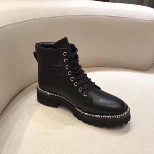 Women Black Lace-Up smooth Leather Luxury Motorcycle Boots Ankle Zipper Chain-link Accents Round Toe Winter martin combat Boots
