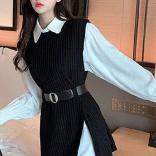 2021 Women Elegant White Two Piece Set New Turn-down Collar Long Sleeve Dress Ribbed Knitted Belt Sleeveless Vest Suit Autumn
