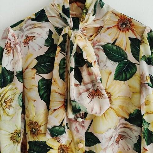 Fashion Women Sets Runway 2021 Spring Summer Bow Flower Print Blouse+Midi Slim Skirt Elegant Party Twinsets