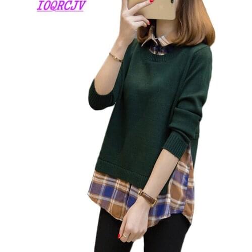 Women Sweaters Fake Two Knitted Pullovers New Fashion Shirt Collar Splicing Knit Sweater Loose Casual Tops Women Clothing H16