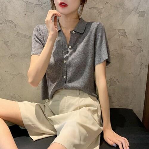 Women Crop Top Female Polo Shirts Summer Short Sleeve T-shirt Cardigan Thin shirt Solid Color Ice Silk Knitted Tops