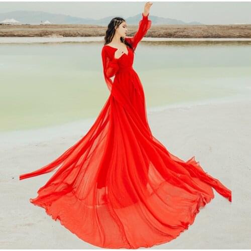 2021 New Summer Runway Bohemian Red Holiday Beach Dress Women Elgant Evening Party Chiffon Backless Maxi Floor Dress Robe Femme