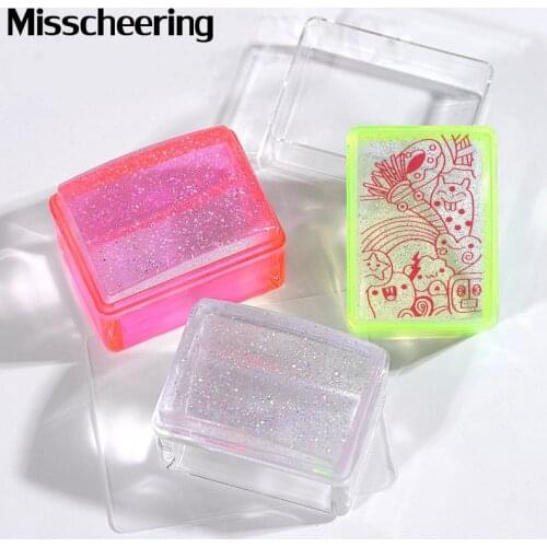 1Set Rectangle Jelly Silicone Nail Stamper Fluorescence Green Pink Clear Handle Starry Glitter Stamping Nail Art Template Tools