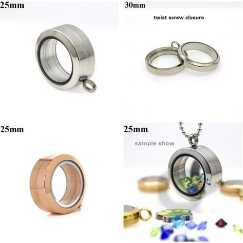 1PC 11mm Thick Floating Locket Pendant with Twist Screw 25mm 30mm Stainless Steel + Glass silver rose gold color