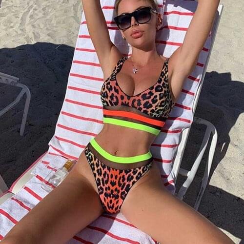 Leopard Printed Bikini 2021 Sexy Swimwear Women Push Up Swimsuit Mesh Bikini Set High Waist Bathing Suit Beachwear Swimming C60