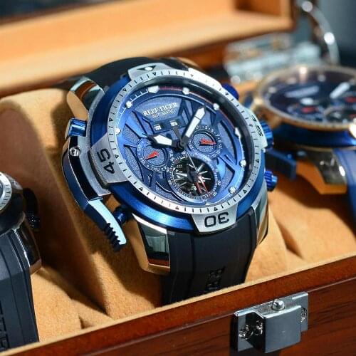 Reef Tiger/RT Luminous Casual Watches Perpetual Calendar Rubber Strap Blue Dial Watches Automatic Sport Watches RGA3532