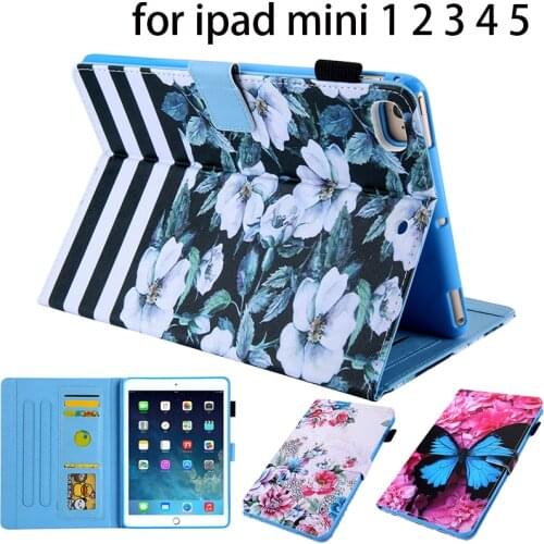 For ipad mini 5 Mini4 iPadmini 2 Stand Case Cover Card Slot Money Pocket With Flower Butterfly elephant Painting Wallet Bag Skin