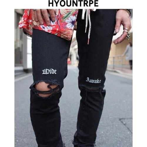 Embroidery Knee Ripped Hole Jeans For Men Hip Hop Skinny Biker Destroyed Taped Jeans Slim Fit Black Denim Pants 2018 New Jogger