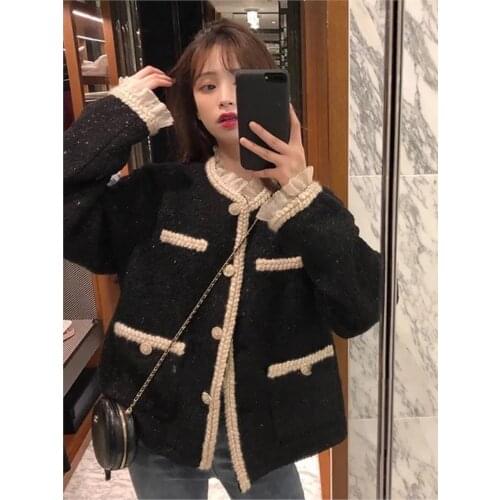 Hstar Elegant Slim Short Autumn Caot Women Korean style Lace Pathchwork Tweed jackets court style knitted Cardigan outwear