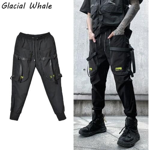 GlacialWhale Mens Cargo Pants Men New Slim Fit Pockets Joggers Hip Hop High street Vintage Streetwear Trousers Black Pants Men