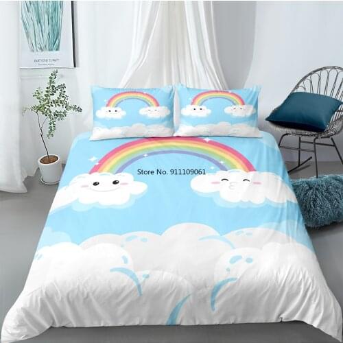 Blue Sky Bedding Set Cartoon Printed Quilt Cover Set Queen Size Duvet Cover Sun Cloud Comforter Covers Soft Bedclothes for Kids