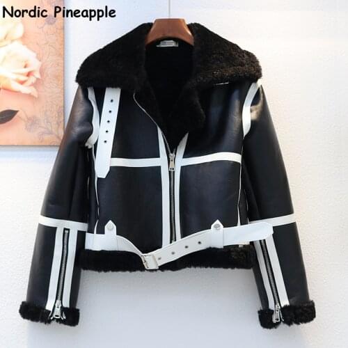 2020 Winter Thick Warm Lapel Lamb Fur Liner Leather Jacket Women Biker Belt Zipper PU Leather Coat Female Short Black Outerwear