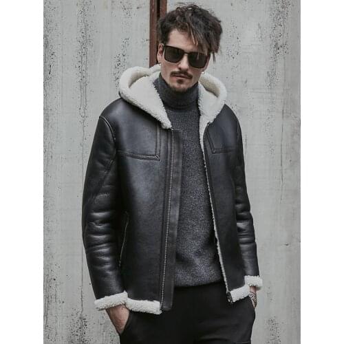 2019 Autumn And Winter New Mens Sheepskin Shearling Jacket Hooded Mens Leather Jacket Short Fur Coat Winter Coat