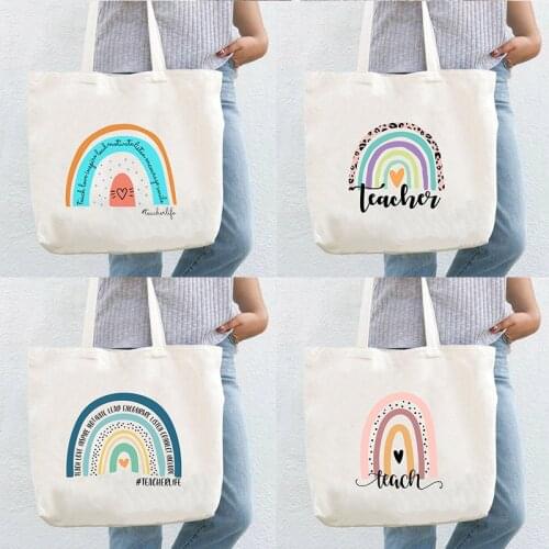 Teach Love Rainbow Print Shoulder Bag Female Shopping Bag Totes Women Bag Teacher Life Casual Travel Canvas Beach Bags Handbags