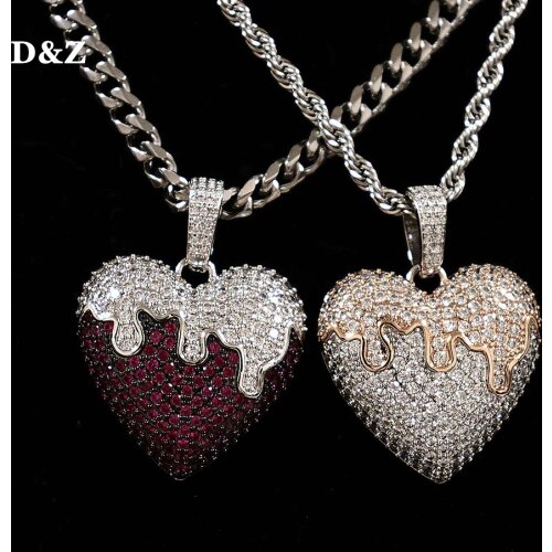 D&Z Iced Out Dripping Heart Pendant With Solid Back Bling AAA Cubic Zirconia Necklace 3 Colors Hip Hop Jewelry Men Women Gift