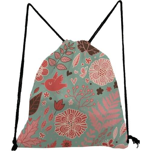 Floral Bird Printed Backpack Casual Pretty Book Bag Unisex Drawstring Bags Portable Storage Bag High Capacity Shoe Bag to School