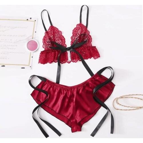 Sexy Two Piece Lingerie Set Babydoll Pajamas Women Lace Triangle Bralette Bra+Lace Up Bowknot Shorts Satin Sleepwear Underwear