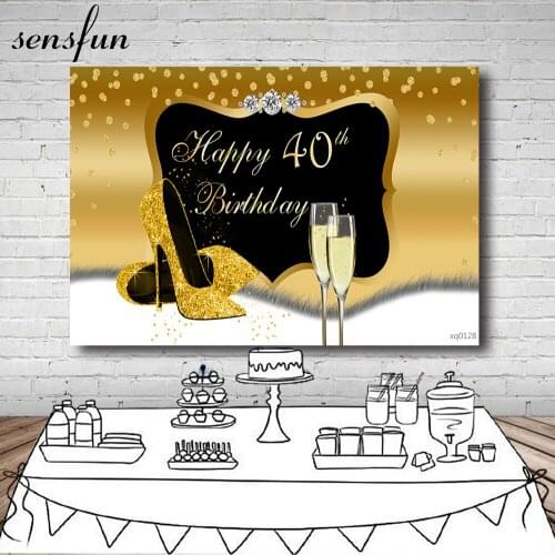 Sensfun Lady Women Happy 40th Birthday Party Backdrops Black Gold Glitter High Heels Champagne Backgrounds Custom Photocall