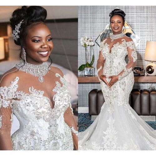 Long Sleeve Mermaid Wedding Dresses 2022 High Neck Lace Beaded Applique Plus Size Trumpet African Bridal Dress Robes