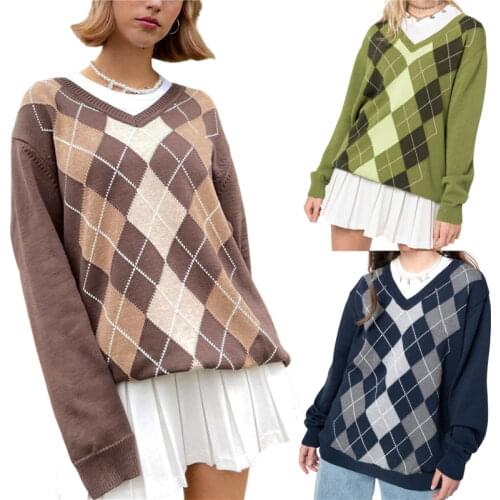 Y2K Women Color Block Sweater Adults Casual Argyle Print Long Sleeve V-neck Knitwear Dark Blue/Brown/Green For Fall And Winter