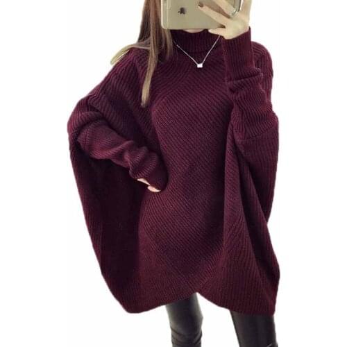 Loose Plus Size Knitted Sweater New Fashion Thick Women Winter Warm Sweater Bat Sleeve Elegant Black Red Wine Sweater Coat OK780